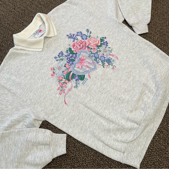 Vintage 80s Morning Sun Grandmacore Collared Floral Sweatshirt Size Large - Picture 2 of 7
